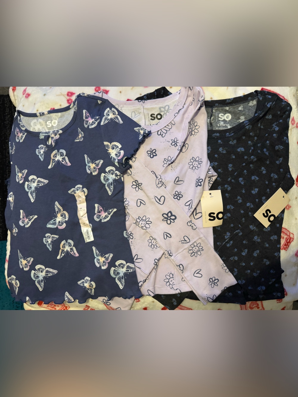 SO Girls Butterfly, Floral & Heart Print Tops & jeggings - Navy, Lavender, Black